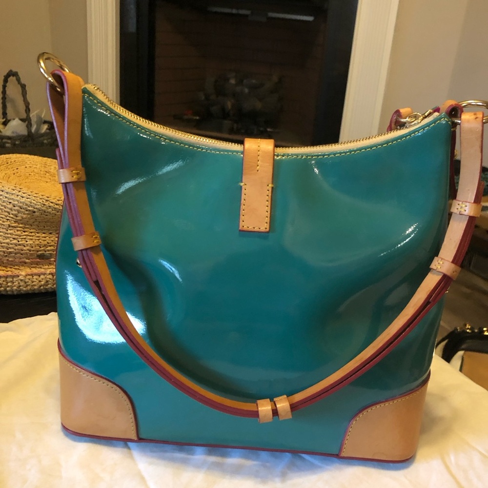 Dooney & Bourke Teal Blue Patent Leather and Tan Vachetta Leather Shoulder Bag - Picture 2 of 11